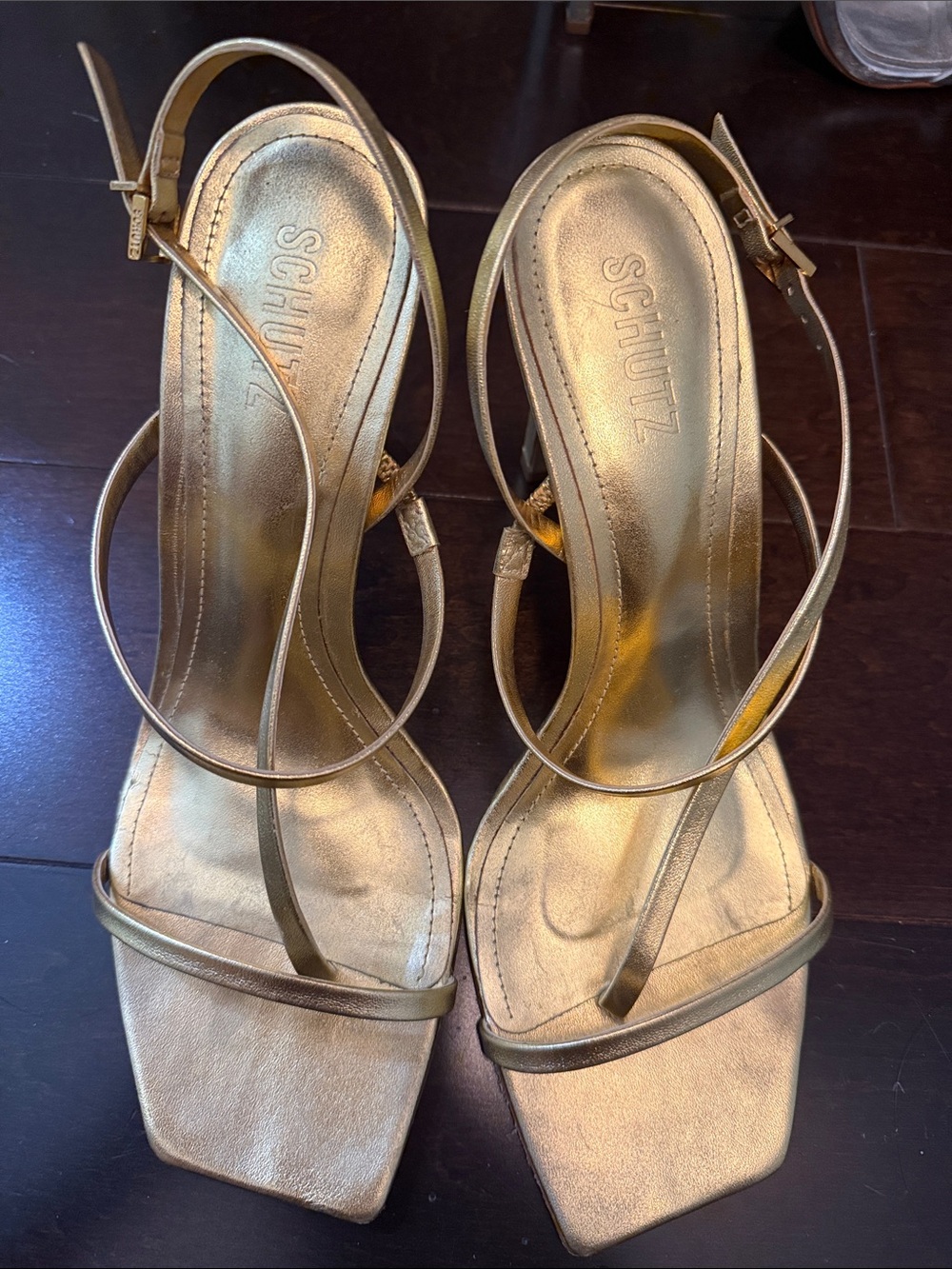 SCHUTZ Gold Metallic Strappy Square-Toe Heels